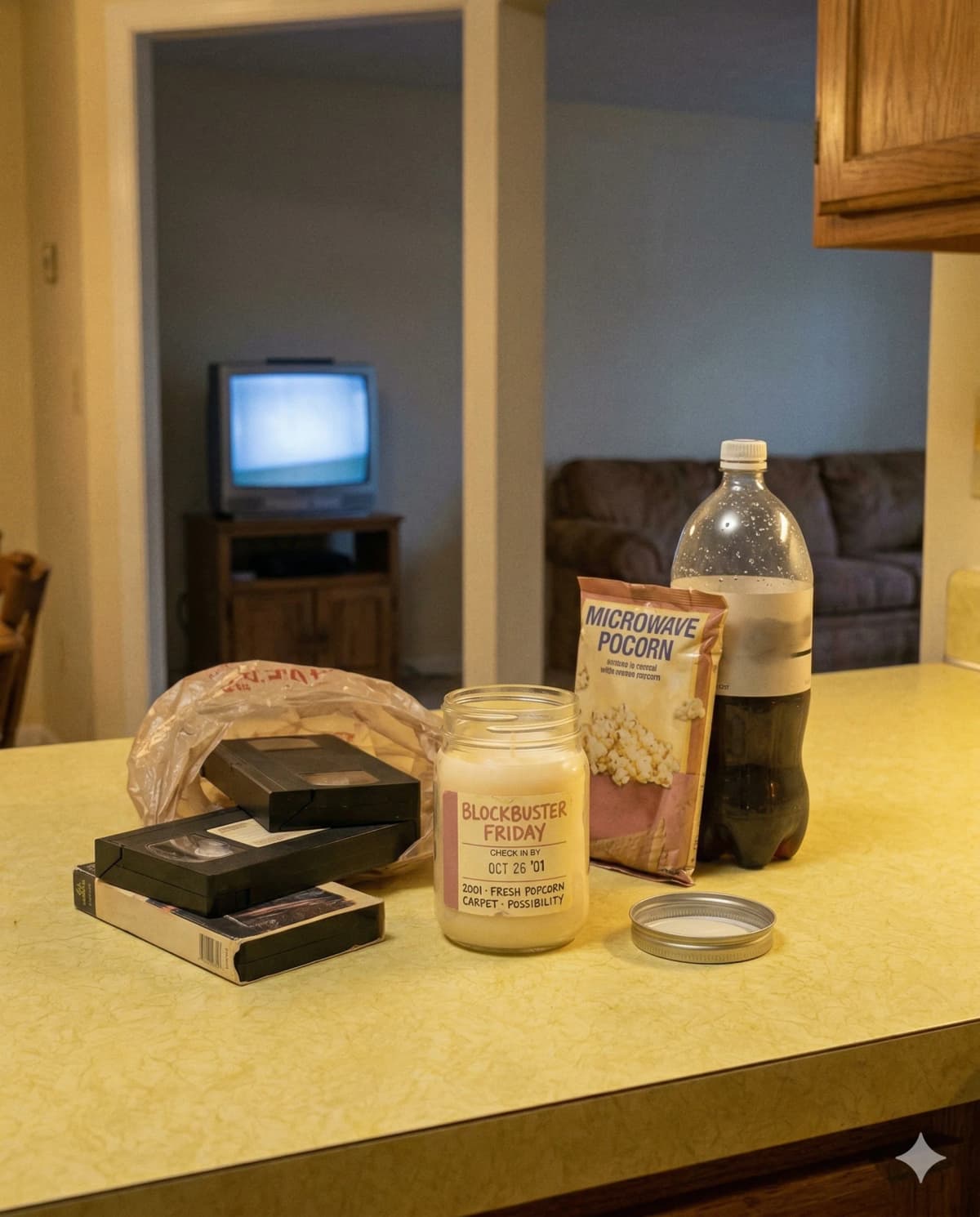 Blockbuster Friday — 2001 · fresh popcorn, carpet, possibility