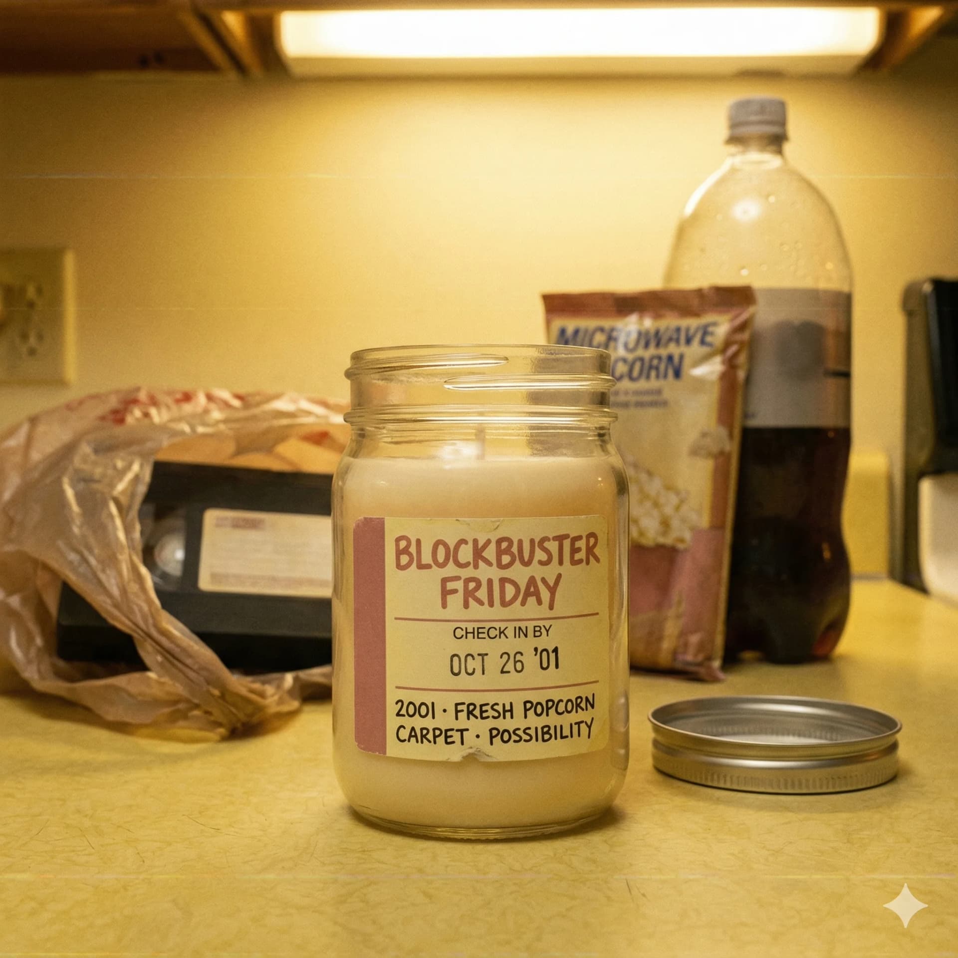 Blockbuster Friday — 2001 · fresh popcorn, carpet, possibility