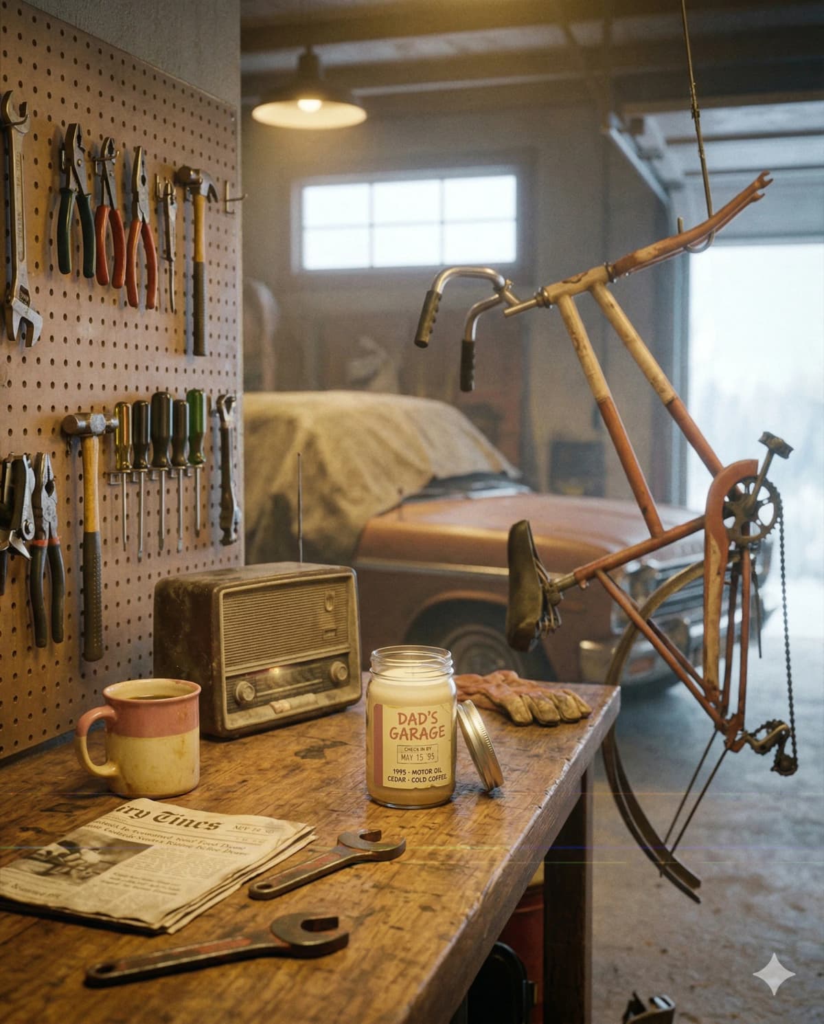 Dad's Garage — 1995 · motor oil, cedar, cold coffee