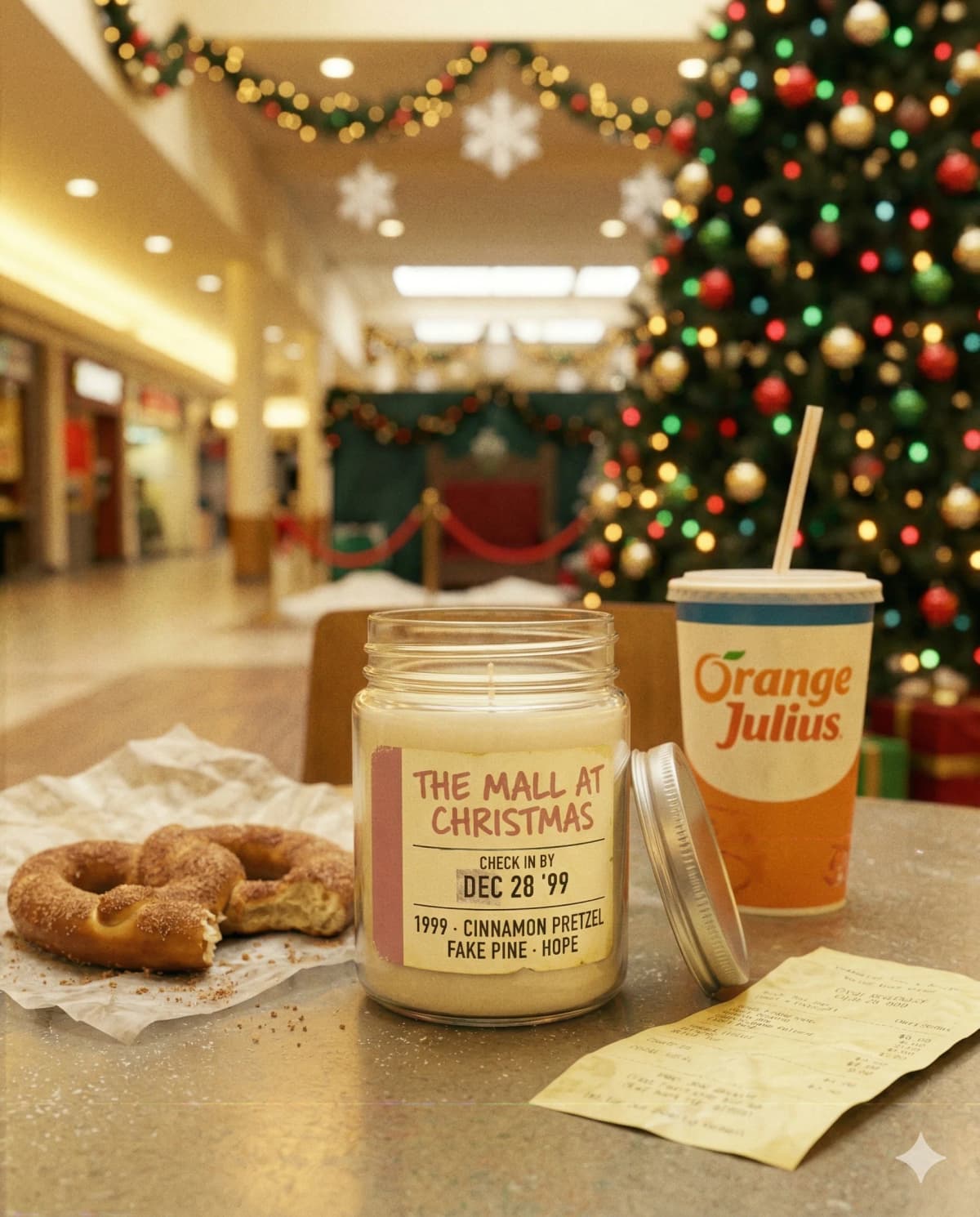 The Mall at Christmas — 1999 · cinnamon pretzel, fake pine, hope